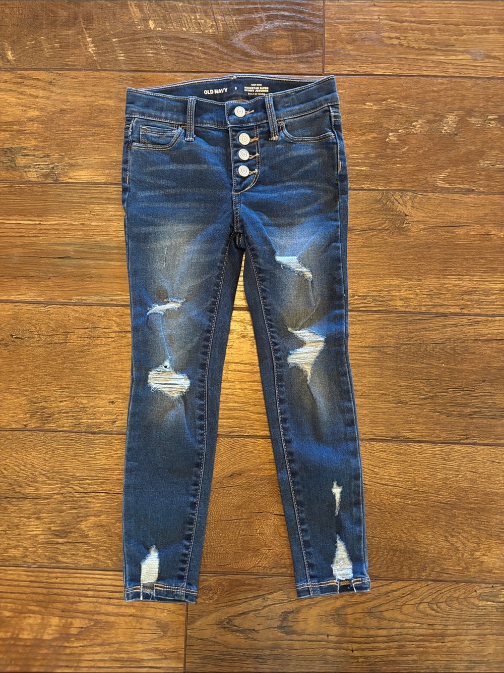 Old Navy Girl’s Dark Blue Distressed Skinny Jeans with Button Fly